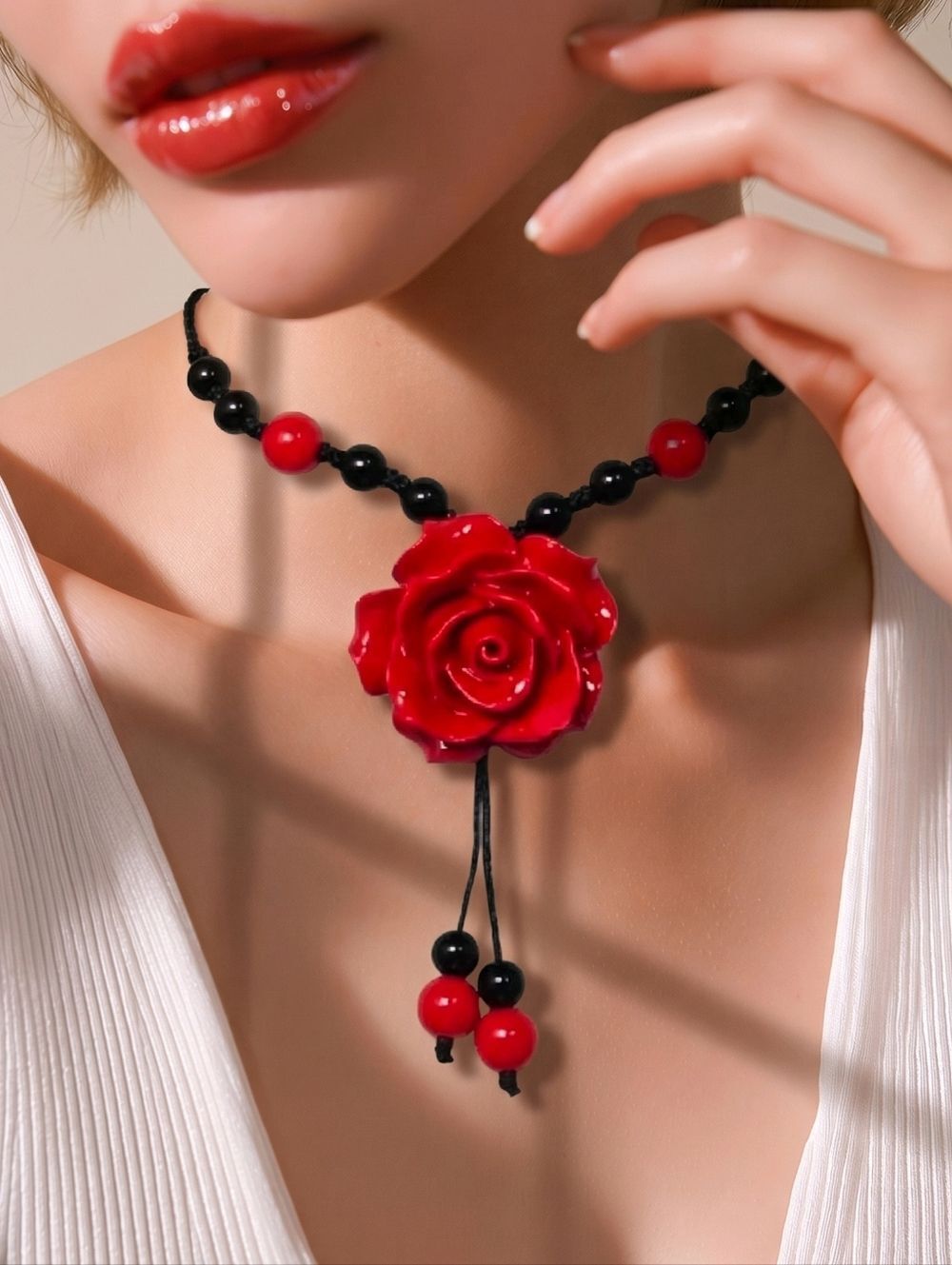 Enchanted Rose Necklace Red Tassel Pendant Romantic Fairytale Princess Jewelry
